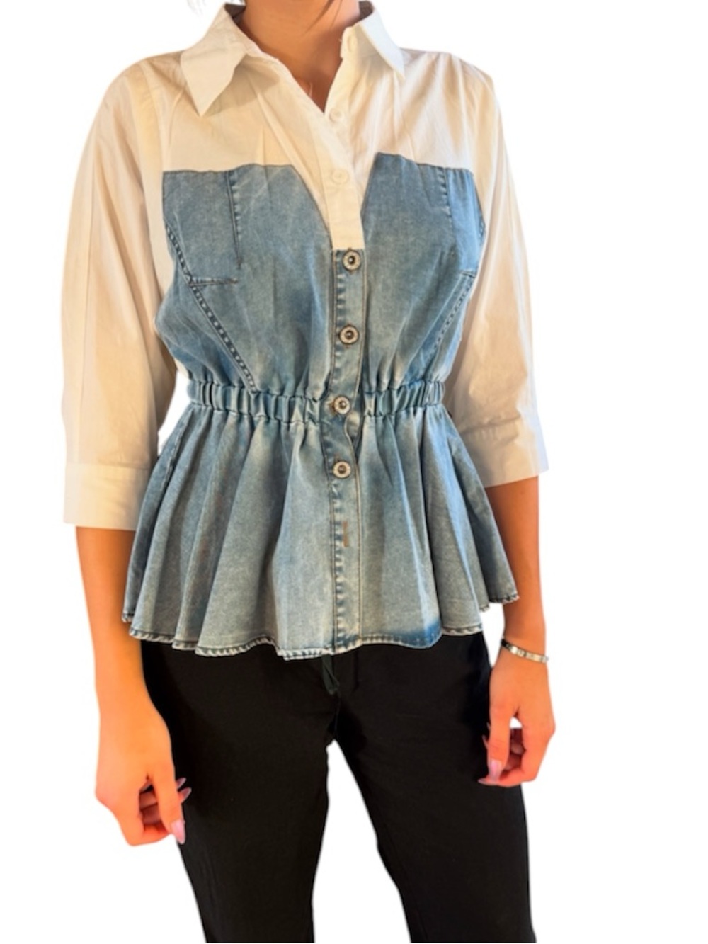 Mixed Media Denim Peplum Top Colorblock Statement Piece Size S